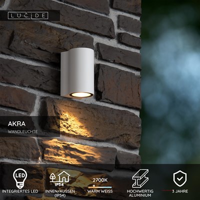 Lucide AKRA - Wandleuchte Innen/Außen - LED - 1x6W 2700K - IP54 - Weiß